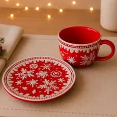 Xícara Com Pires 350ML em Porcelana de Natal — Designer Flocos de Neve