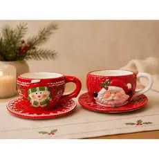 Xícara Com Pires de Natal Em Porcelana — 300ml Designer Papai Noel e Boneco de Neve