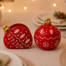 Kit — Açucareiro e Porta Guardanapo em Porcelana | Porta Condimentos Com Designer de Bola de Natal