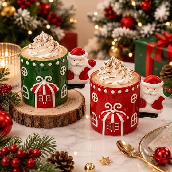 Caneca de Natal em Porcelana 350ml — Xícara Com Designer de Natal e Alça de Papai Noel
