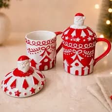 Caneca Com Tampa — Xícara de Natal 350ml em Porcelana Para Uso ou Decorativo Natal Papai Noel