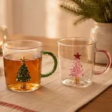 Xícara de Vidro 300ml — Caneca Borossilicato Árvore de Natal 3D