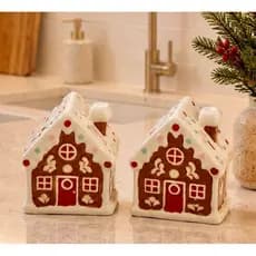 Kit Saleiro e Pimenteiro — Porta Condimentos Casinha de Temperos Em Porcelana Com Designer De Casinha Gingerbread