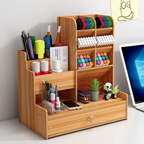 Organizador De Mesa Escritório Multiuso C/ Gaveta Nicho Canetas,caixa organizadora material escritório