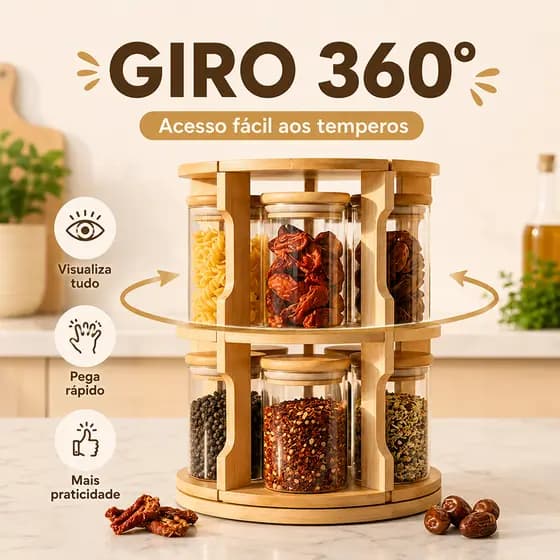 Porta Temperos Condimento Giratório 10 Potes Vidro Tampa Bambu Hermético Suporte Organizador