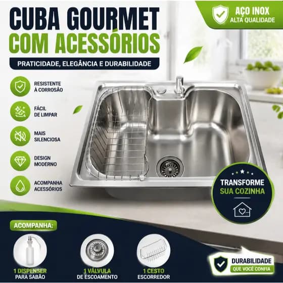 cuba pia cozinha gourmet aço inox 304 50x40 luxo com acessórios
