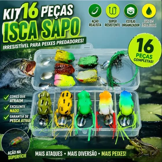 KIT 16 Iscas para pesca Artificial Frog Sapinho sapo Anti Enrosco + EstojoIscas Realistas para Pesca de Truta e Peixes