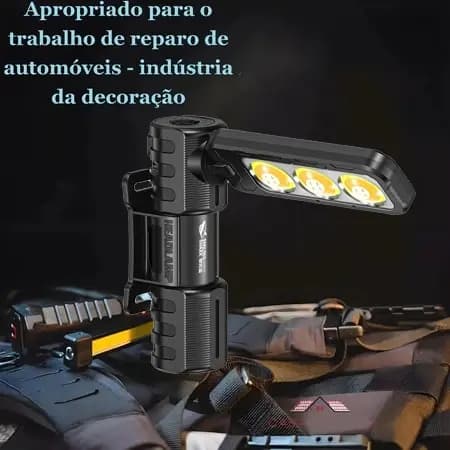 Lanterna LED Recarregável Dobrável COB, Luz de Trabalho Portátil com Base Magnética e Gancho, Iluminação Super Brilhan