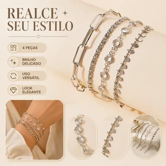 Kit Pulseiras Prata 925 Pulseira de coração + Cordão Baiano + Pulseira Feminina de pedrinhas transparentes