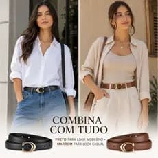 Kit 2 Cintos Femininos Preto e Marrom Fivela Dourada Ajustável para Vestidos e Calças