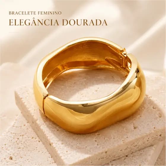 Bracelete Dourado Feminino Grosso Ondulado Metal Elegante Brilho Intenso Moderno