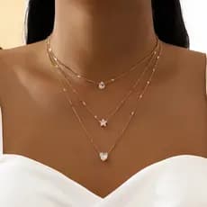 Gargantilha Vintage Feminina Multicamadas Estrela Coração Banhada Prata 925 Corrente Clavícula Minimalista Elegante