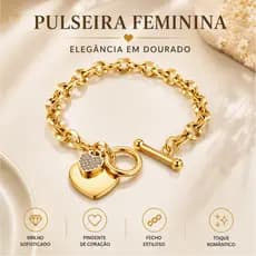 Pulseira Feminina Dourada Aço Inoxidável Coração Cristal Dupla Camada Amor Elegante