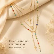 Colar Cruz Feminino Multicamadas Dourado Strass Colorido Vintage Gótico Y2K