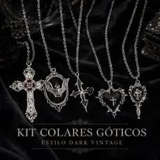 Kit 5 Colares Góticos Feminino Halloween Pingentes Cruz Coração Morcego Aranha Punk