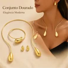 Conjunto Joias Feminino Dourado Colar Brincos Pulseira Gota D’água Festa Luxo