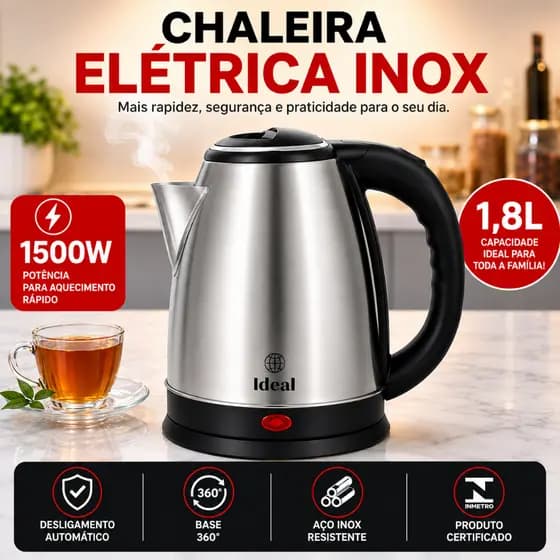 Chaleira Eletrica Inox 1,8  Litros 220Volts 1500W aquecimento Rápido Café Leite Chá Capuchino Potent