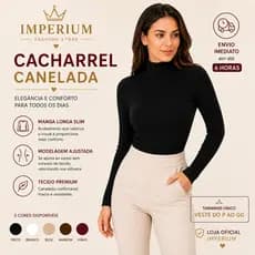 Blusa Canelada Manga Longa Feminina Gola Alta Cacharrel Segunda Pele