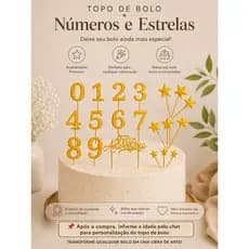 Kit Topo de Bolo Números e Estrelas Dourado Feliz Aniversário
