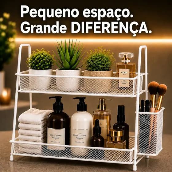 Prateleira Organizadora Dupla Estante de Mesa Aramado c/ Cesto Lateral | Cozinha Banheiro Escritório
