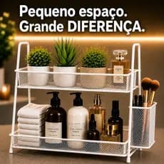 Prateleira Organizadora Dupla Estante de Mesa Aramado c/ Cesto Lateral | Cozinha Banheiro Escritório