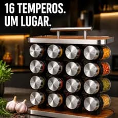 Porta Temperos 16 Potes Vidro Inox e Madeira Organizador Condimentos Torre Gourmet
