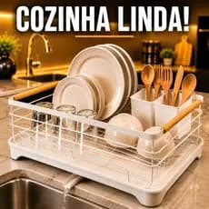 Escorredor de Louça Premium Bandeja Coletora Porta Talheres e Dreno • Organizador Pia • Branco 42cm