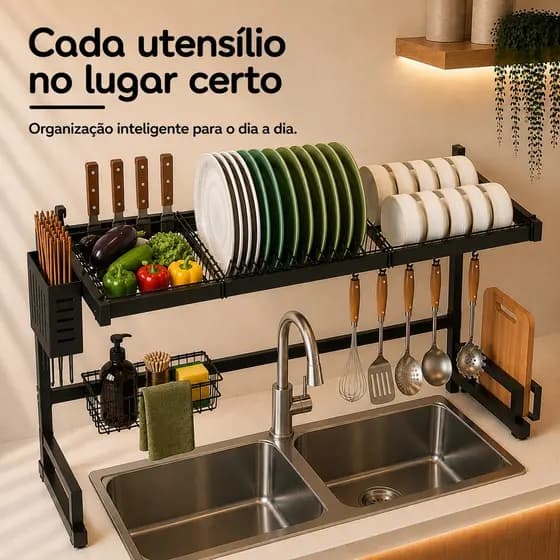 Escorredor Organizador de Louça Suspenso Rack Modular Grande Sobre Pia Cozinha Preto 65cm e 85cm