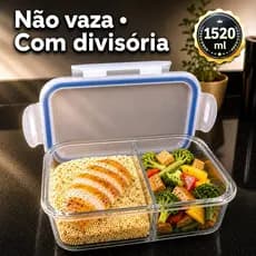 Marmita Vidro 1520ml C/ Divisória Hermético Pote Grande Não Vaza • Freezer Forno Microondas BPA Free