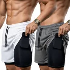 Kit 2 Shorts Masculino 2 em 1 Dry Fit com Bolso Celular Interno Academia Corrida Fitness Compressão