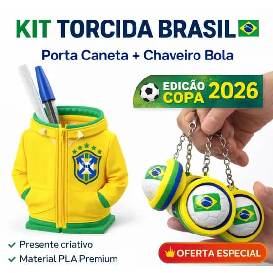 Porta Caneta Time + Chaveiro Bola | Kit Copa 2026 Brasil