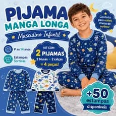 Kit 2 Pijamas Bebê Infantil Criança Manga Longa Inverno Menino Roupa de Dormir 4 Peças Estampas Sortidas