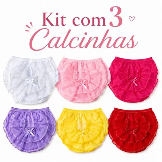 Kit Calcinha Infantil Menina Renda Babado Bunda Rica Super Macia Tapa Fralda Bebê Unitária