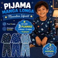 Kit 3 Pijamas Bebê Infantil Criança Manga Longa Inverno Menino Roupa de Dormir 6 Peças Estampas Sortidas