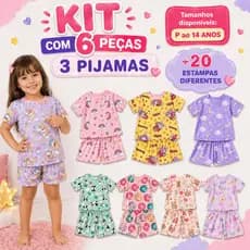 Kit 3 Pijamas Bebê Infantil Criança Menina Manga Curta Verão Calor Roupa de Dormir 6 Peças Estampas Sortidas Baby Doll