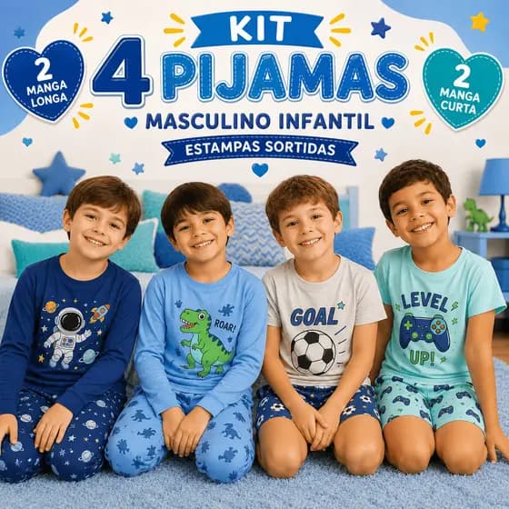 Kit 4 Pijamas Infantis Masculino Manga Longa e Curta Sortidos Menino Bebê Verão Inverno Calor Frio Roupa de Dormir