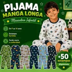 Pijama Infantil Menino Manga Longa Inverno 2 Peças Calça e Blusa Estampas Sortidas Roupa de Dormir Bebê Criança Frio