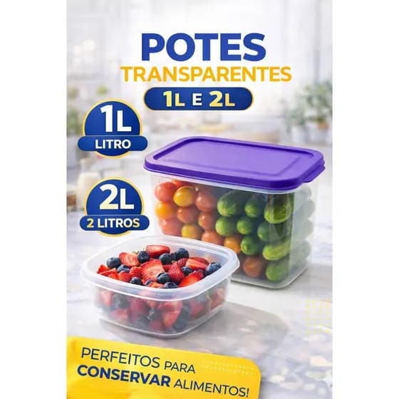 Kit 2 Potes Organizadores com Tampa – Multiuso para Geladeira, Mantimentos e Marmita