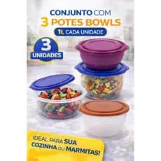 Kit Potes Bowl com Tampa Colorido 1L
