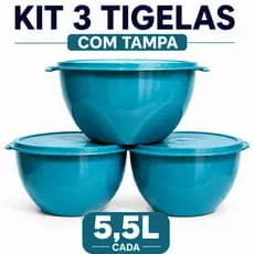 Kit 3 Tigelas Grandes 5,5L Com Tampa Hermética Bowl Plástico BPA Free Azul