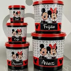 Kit 5 Potes Plásticos Decorados Mickey e Minnie para Mantimento