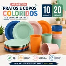 Kit Pratos + Copos Plástico Reutilizável para Festa Churrasco Piquenique Colorido