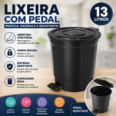 Lixeira de Pedal 13 Litros Preta Plástico Resistente para Banheiro e Cozinha