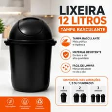 Lixeira 12 Litros Tampa Basculante Preta Plástica Resistente Cozinha Banheiro Escritório Multiuso