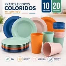 Jogo de Pratos e Copos Plástico Resistente Colorido Kit 10 ou 20 Peça