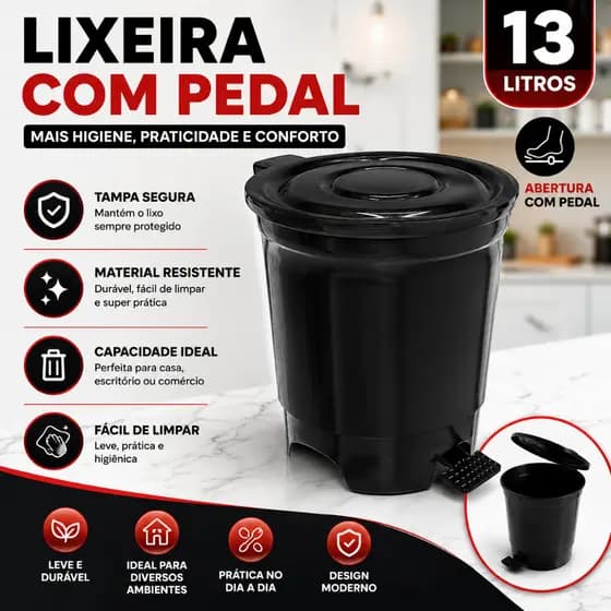 Lixeira Plástica 13 Litros com Pedal Preta Resistente Banheiro Cozinha Lavanderia