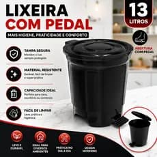 Lixeira Plástica 13 Litros com Pedal Preta Resistente Banheiro Cozinha Lavanderia