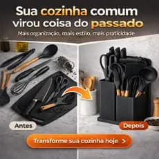 Kit Utensílios Cozinha Silicone 19Peças Completo Cabo Madeira Antiaderente Facas Suporte Tábua Preto