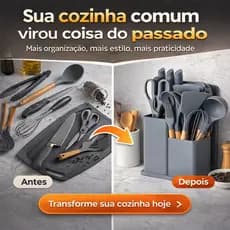 Kit Utensílios Cozinha Silicone 19Peças Completo Cabo Madeira Antiaderente Facas Suporte Tábua Preto