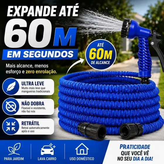 Mangueira Mágica Expansível 60m Gatilho Multiuso Jatos para Jardim e Lava Carro Retrátil